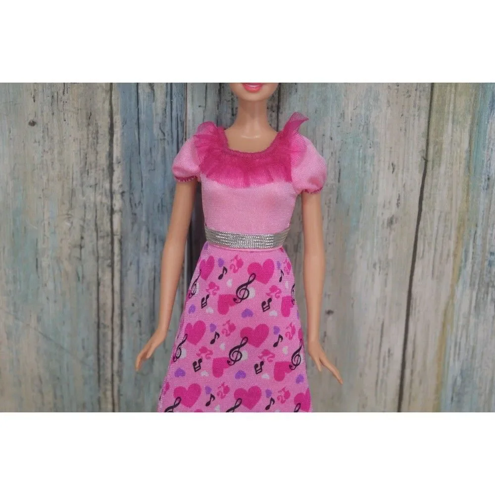 Barbie Doll Blonde Hair Updo Blue Eyes Pink Dress Ruffle Top Hearts Music Outfit